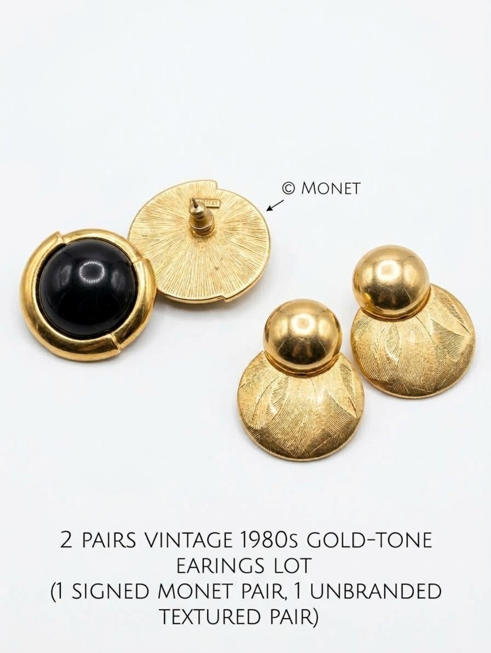 ​2 Pairs Vintage 80s Monet Black Cabochon Gold Tone Brushed Doorknocker Earrings